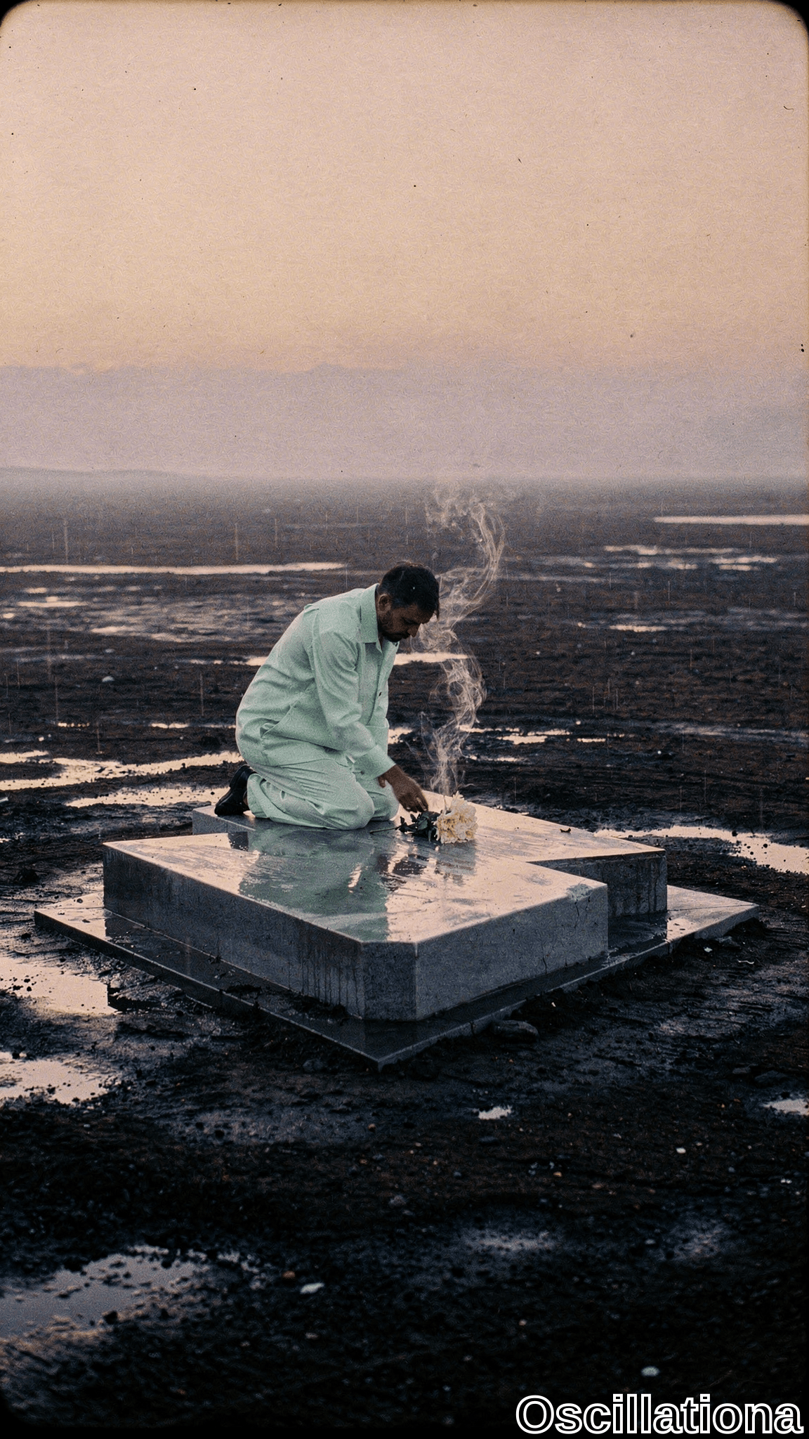 Middle-aged South Asian man with short dark hair, mustache, and solemn gaze kneels in mint-green shalwar kameez beside low gray concrete platform holding shallow reflective water, gently lighting white-yellow rose bouquet amid incense smoke