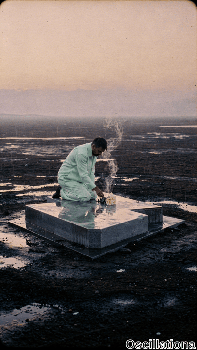 Middle-aged South Asian man with short dark hair, mustache, and solemn gaze kneels in mint-green shalwar kameez beside low gray concrete platform holding shallow reflective water, gently lighting white-yellow rose bouquet amid incense smoke