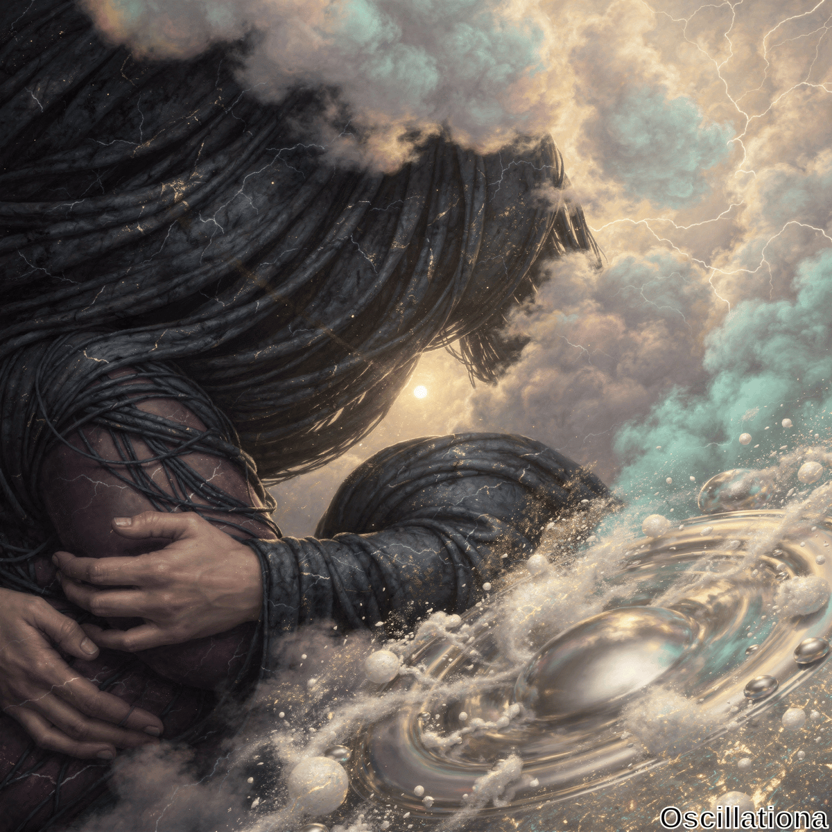 A surreal cosmic scene with a figure in a dark, flowing robe with vein-like patterns embracing another similar figure