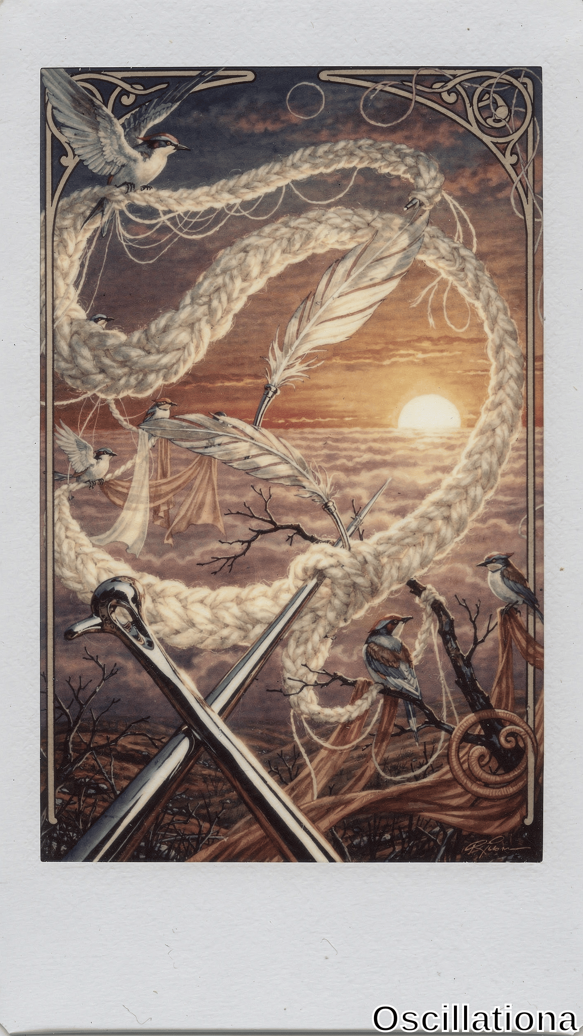 Vertical Polaroid-framed Art Nouveau tarot card: twilight purple-orange sunset sky with glowing sun, barren black branches. White braided rope oval weaves giant feathers, drapes; vibrant kingfisher birds perch and fly; crossed silver anchors below