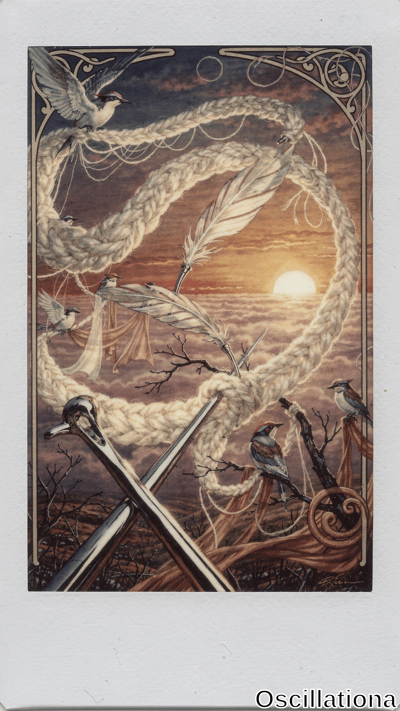 Vertical Polaroid-framed Art Nouveau tarot card: twilight purple-orange sunset sky with glowing sun, barren black branches. White braided rope oval weaves giant feathers, drapes; vibrant kingfisher birds perch and fly; crossed silver anchors below