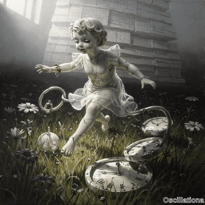Surreal painting of cracked porcelain doll girl with rusted wrist in daisy meadow with melting pocket watches against wall of Wednesday calendar pages in ethereal light. 
The scene evokes fragility and breaking free from time's repetition with beams illuminating