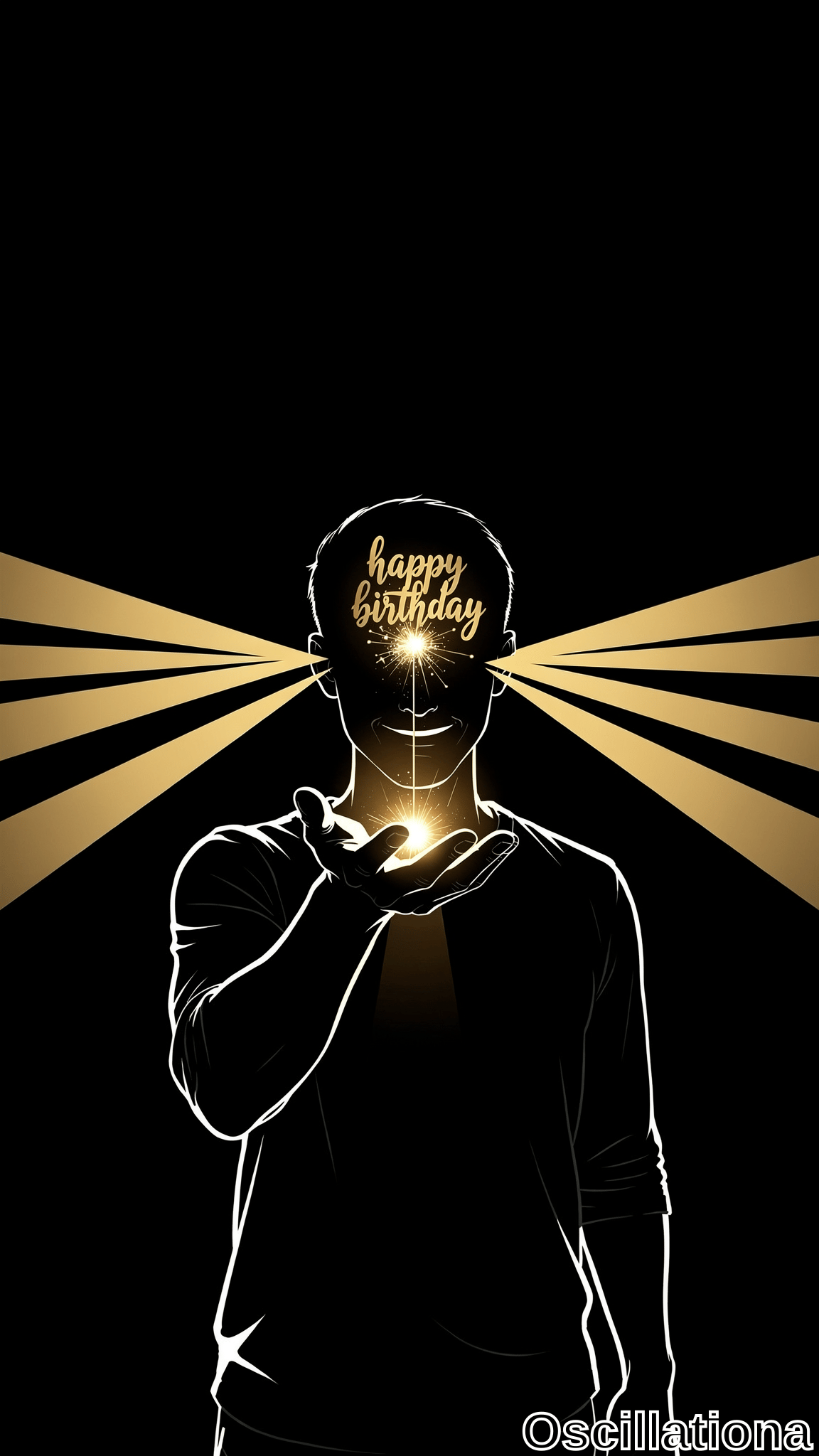 A white-outlined figure extends an open palm holding a glowing light, with 'happy birthday' text on its head and golden rays bursting outward against black. Minimalist line art in gold and black creates a dramatic celebratory mood.