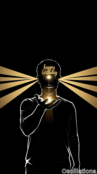 A white-outlined figure extends an open palm holding a glowing light, with 'happy birthday' text on its head and golden rays bursting outward against black. Minimalist line art in gold and black creates a dramatic celebratory mood.