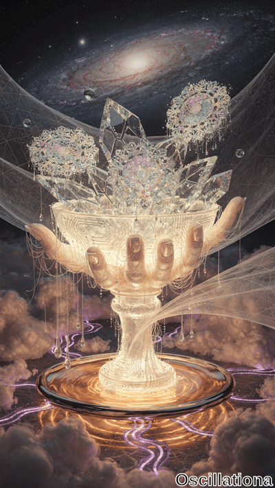 A translucent hand holds an intricately designed, glowing goblet with crystalline structures, containing three large, flower-like objects made of light and crystal in pastel pink, blue, and green