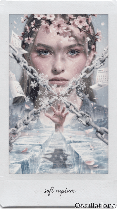 Surreal Polaroid portrait in white frame of pale, snow-dusted woman with wavy blonde hair, blue eyes, cherry blossom crown; rusty chains cross her face. Torn 2023 calendars dangle, ethereal hand reaches amid