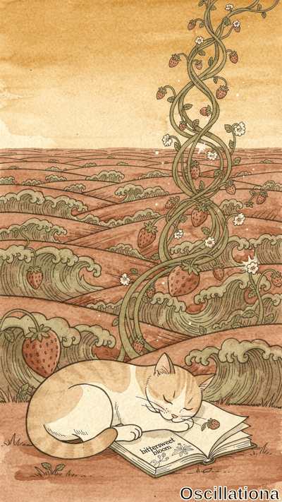 Whimsical watercolor in warm earth tones depicts sleeping orange tabby cat with white belly and paws curled on ground, open "Bittersweet" book propped on legs with strawberry motifs, twisting green vine behind bearing red berries,