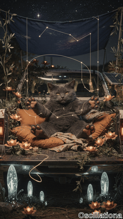 A regal fluffy gray cat with yellow eyes sits upright in rusted pickup truck bed on orange cushions under olive vines draping starry blue canopy tracing glowing Orion constellation in indigo night sky amid fairy lights, orange lotuses, biolum