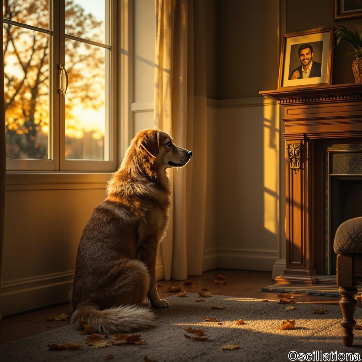 A golden retriever sits gracefully on a light rug, bathed in warm sunlight from a window, enhancing its soft fur and expressive eyes.