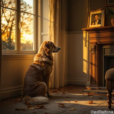 A golden retriever sits gracefully on a light rug, bathed in warm sunlight from a window, enhancing its soft fur and expressive eyes.