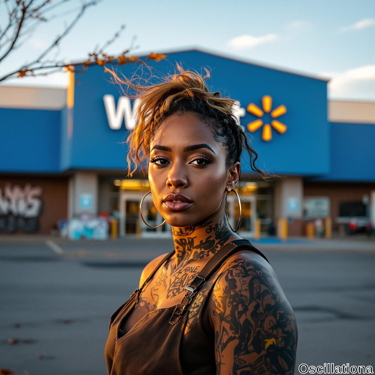 A person with extensive tattoos on their neck, shoulders, and arms stands in front of a Walmart, wearing a dark brown sleeveless top and large hoop earrings.