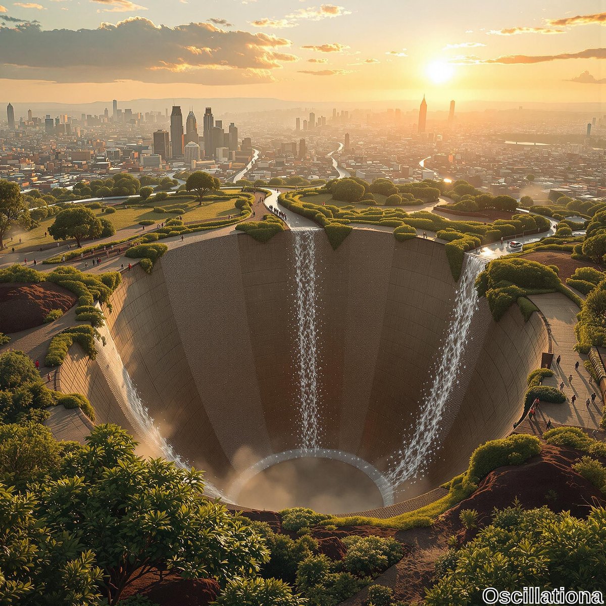 A surreal, futuristic cityscape at sunset with a large, circular, man-made crater in the foreground, featuring terraced walls with cascading waterfalls surrounded by lush greenery and pathways with people.