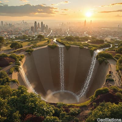 A surreal, futuristic cityscape at sunset with a large, circular, man-made crater in the foreground, featuring terraced walls with cascading waterfalls surrounded by lush greenery and pathways with people.
