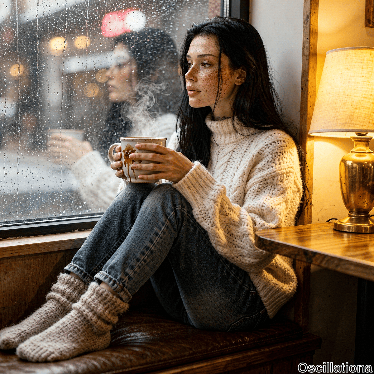 Young freckled woman with long black hair and melancholic gaze sits introspectively by rain-streaked window in cozy wooden interior, legs tucked on leather bench in white turtleneck, jeans, wool socks. Steaming