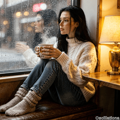 Young freckled woman with long black hair and melancholic gaze sits introspectively by rain-streaked window in cozy wooden interior, legs tucked on leather bench in white turtleneck, jeans, wool socks. Steaming