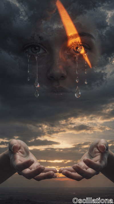 A woman's face emerges from dark stormy clouds, shedding large glistening tears under a bright orange light, while open hands reach upward against a sunset horizon.