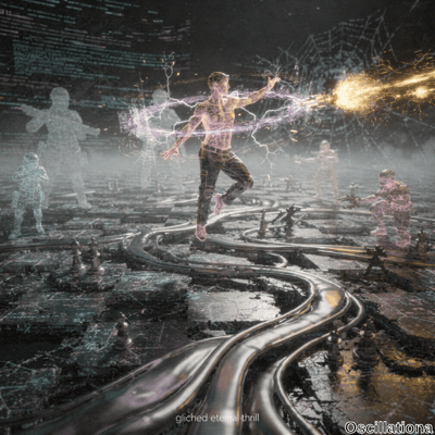 A muscular figure in dark pants, suspended mid-air with glowing veins and a vibrant electric aura, extends a hand emitting fiery energy