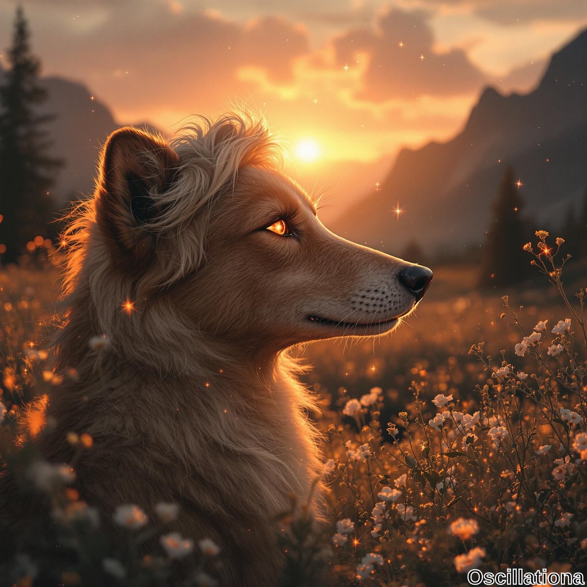 A serene, golden-hued scene with a dog in profile facing right, its fluffy coat illuminated by the warm light of a setting or rising sun.