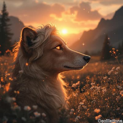 A serene, golden-hued scene with a dog in profile facing right, its fluffy coat illuminated by the warm light of a setting or rising sun.