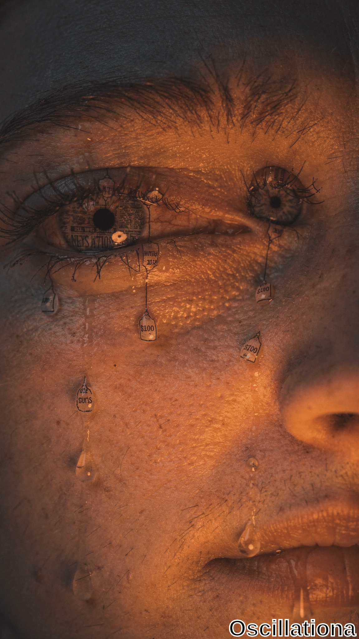 Extreme close-up of a human eye surrounded by miniature hanging lanterns and dripping droplets under warm orange light, rendered with hyperreal skin texture and surreal details.