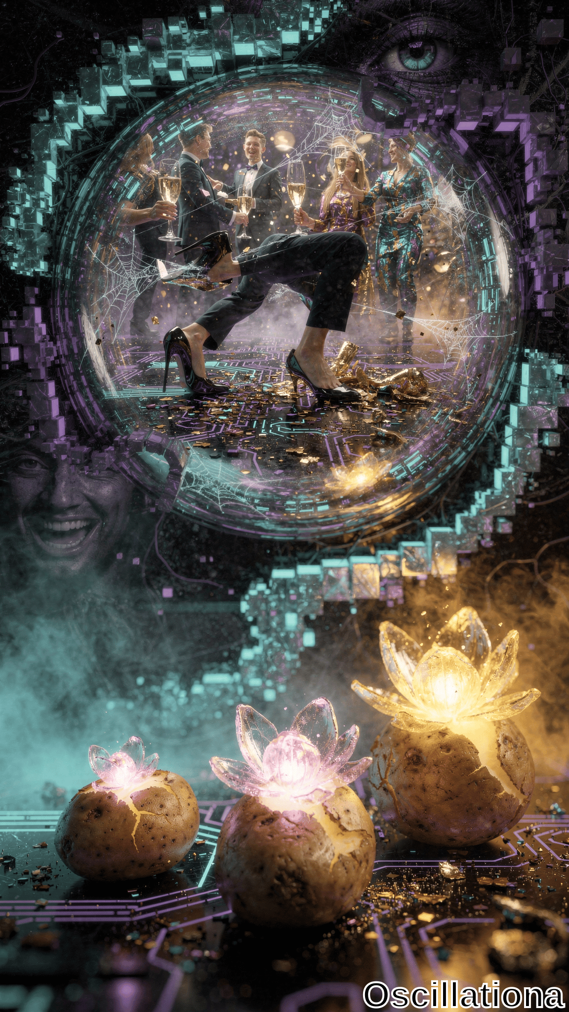 A surreal digital artwork featuring people in formal attire celebrating inside a transparent, spherical bubble with a purple and gold color scheme