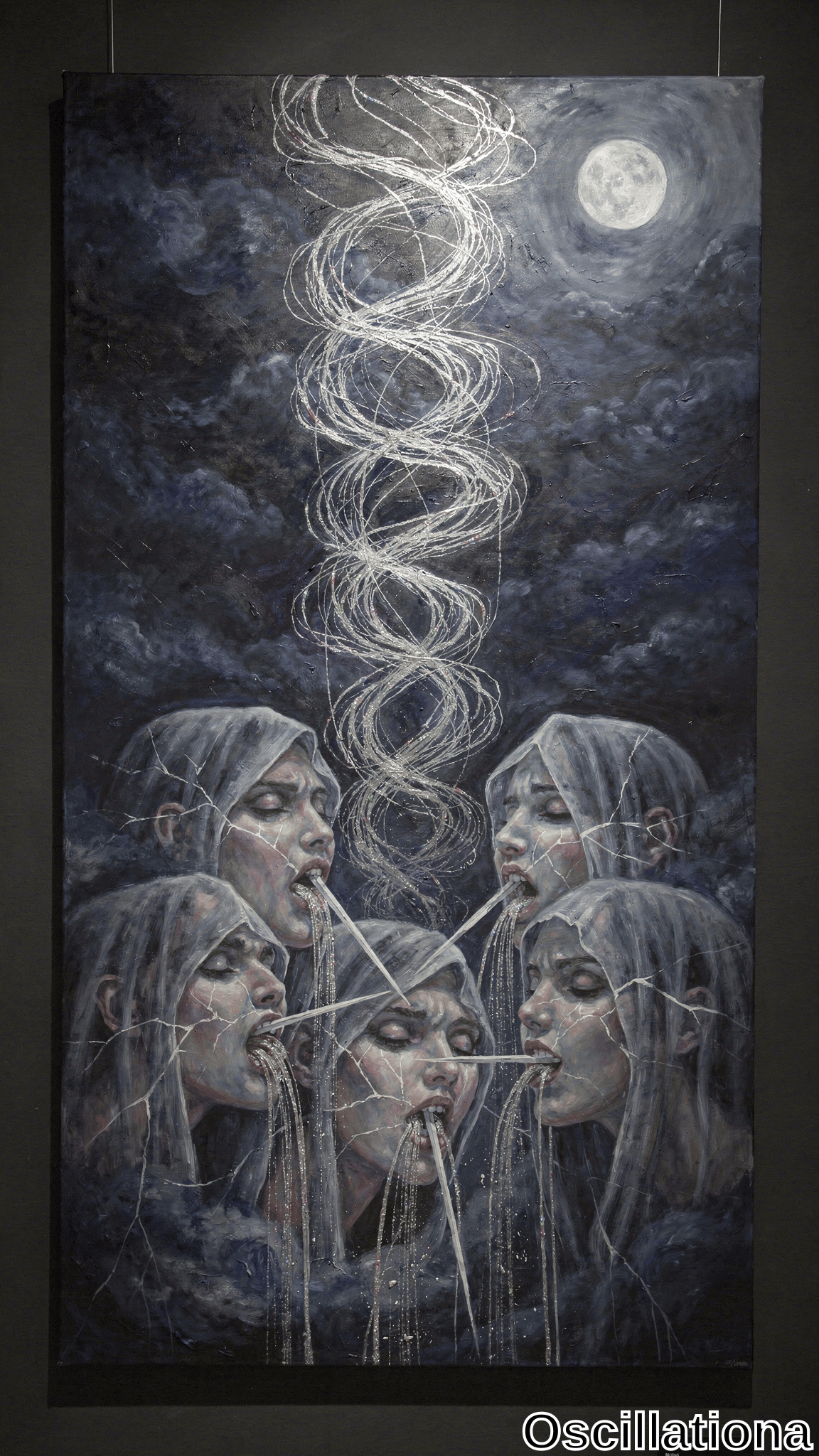 Surreal painting in dark gallery spotlights: stormy sky, luminous moon, silver spiral rising from five cracked ghostly female faces exhaling tendrils.