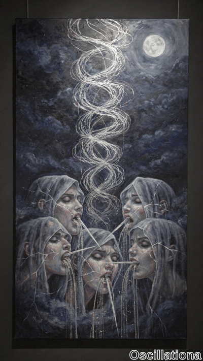 Surreal painting in dark gallery spotlights: stormy sky, luminous moon, silver spiral rising from five cracked ghostly female faces exhaling tendrils.