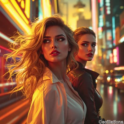Two confident women in a bustling urban nightlife scene at dusk; one with wavy blonde hair in a light open blouse, red lips, the other in a black leather jacket with straight blonde hair, set against vibrant neon