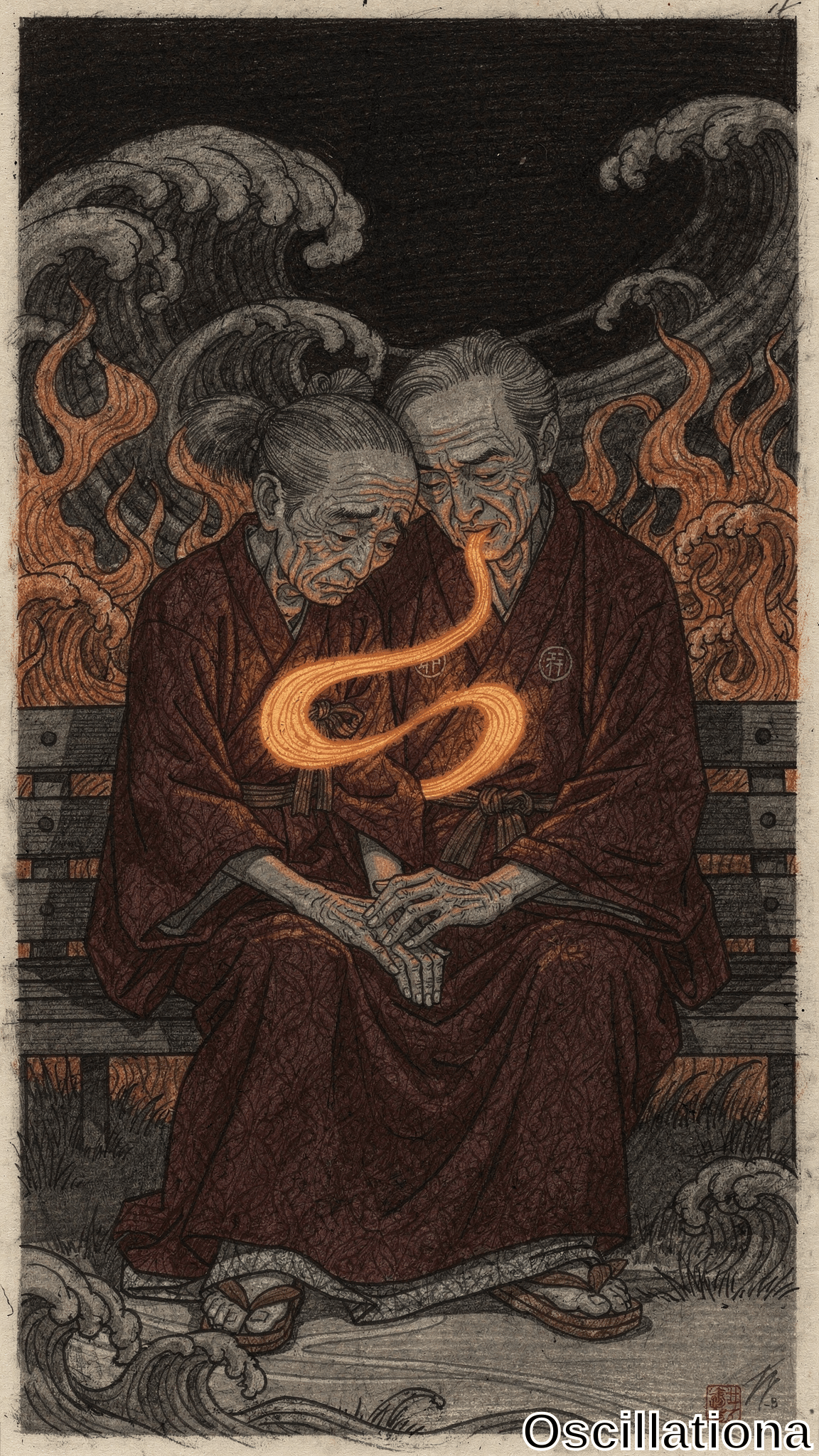 Two elderly Japanese men in dark robes sit closely on a bench, heads touching, as a luminous orange serpentine form coils between them amid swirling waves and flames in a stark woodblock print style.