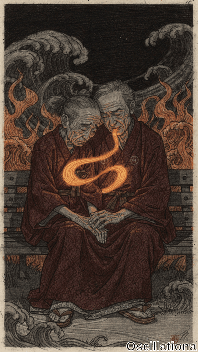 Two elderly Japanese men in dark robes sit closely on a bench, heads touching, as a luminous orange serpentine form coils between them amid swirling waves and flames in a stark woodblock print style.