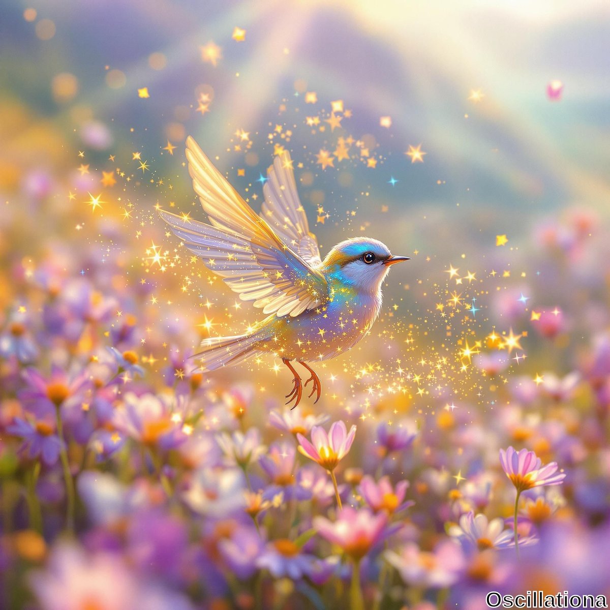 A small bird with glowing, colorful plumage in shades of blue, yellow, and white flies amidst a flurry of sparkling stars, creating a magical scene.