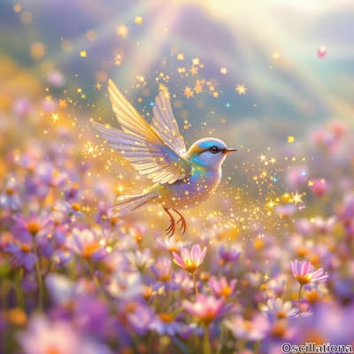 A small bird with glowing, colorful plumage in shades of blue, yellow, and white flies amidst a flurry of sparkling stars, creating a magical scene.