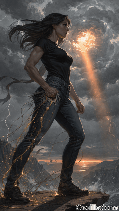 A confident woman stands on a rocky outcrop in a stormy landscape, wearing a black t-shirt and torn dark jeans
