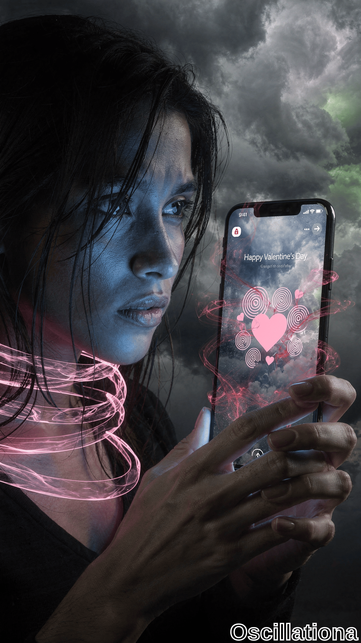 A somber woman with wet dark hair holds a smartphone displaying a glowing pink Valentine's heart, wrapped in swirling neon pink light against a dark stormy sky.