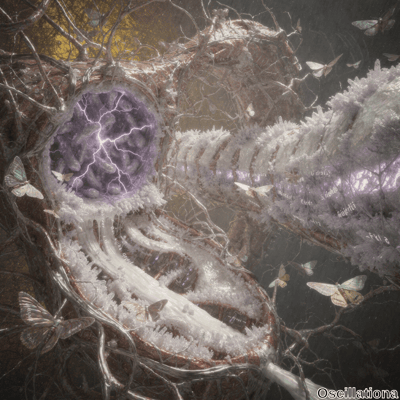 A surreal scene blending nature with abstract structures, featuring a central organic tube with a crystalline, frosty texture in white and purple