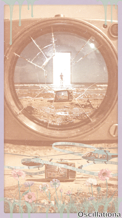 Through a shattered vintage camera lens, a lone silhouette stands in a barren desert with abandoned cars under harsh light. Soft sepia tones mix with pink flowers and helicopters in a surreal layered scene.