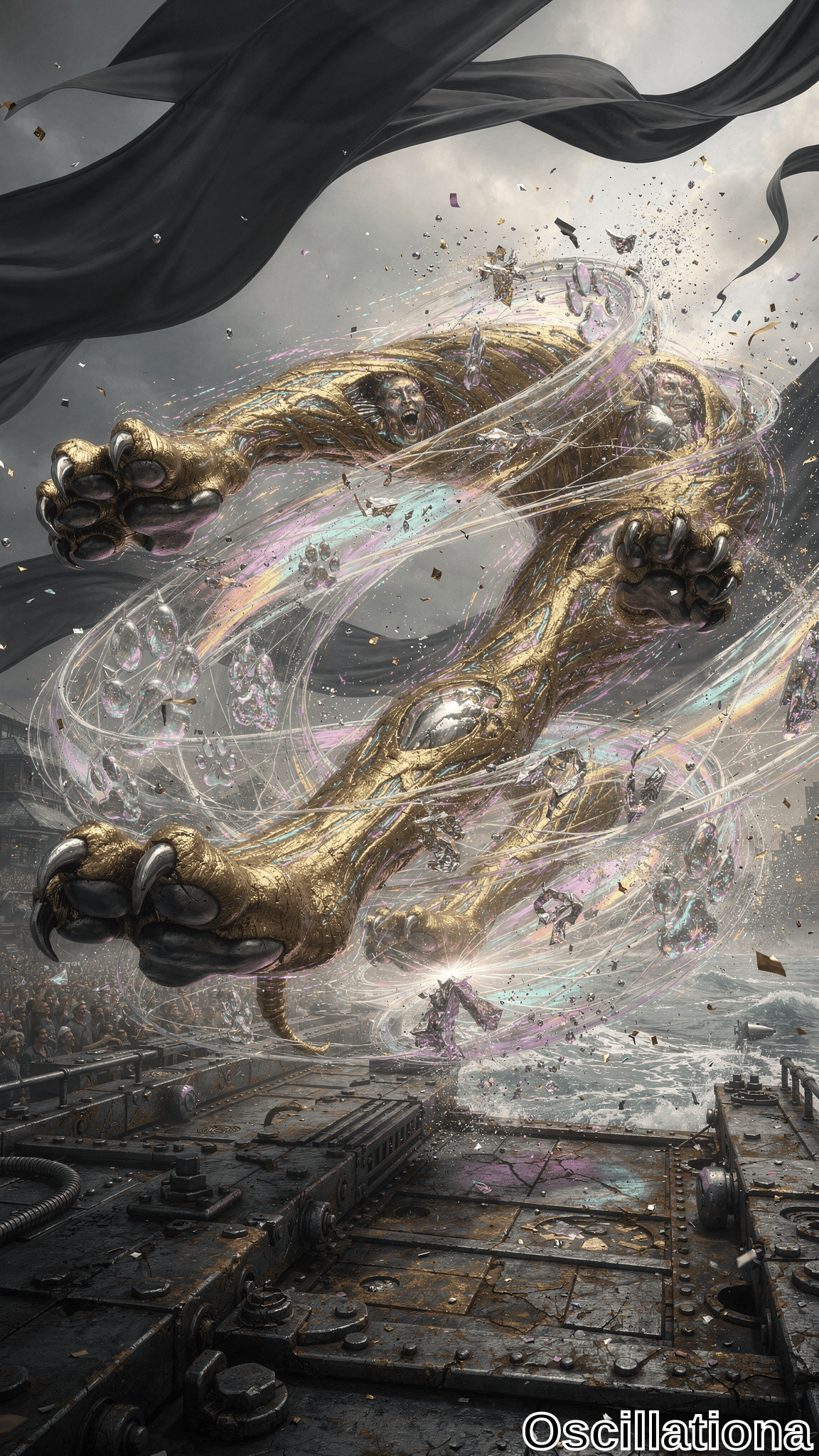 A surreal scene featuring a large, golden mechanical creature with multiple feline-like paws in a dynamic, twisting pose, surrounded by swirling, translucent rainbow-colored energy fields