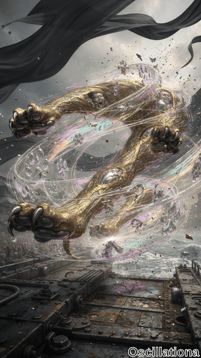 A surreal scene featuring a large, golden mechanical creature with multiple feline-like paws in a dynamic, twisting pose, surrounded by swirling, translucent rainbow-colored energy fields