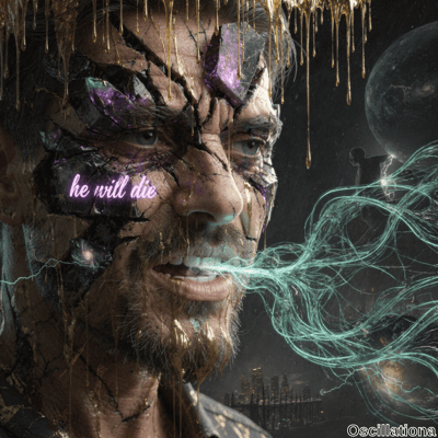 A surreal digital artwork of a man's face, cracked and fragmented with dark, crystalline skin in purple and gold hues, his intense and menacing expression highlighted by the glowing pink text "he will die" on his