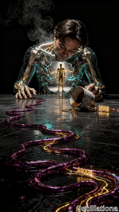 A crystalline man with glowing blue energy inside leans over a reflective black surface, watching a tiny golden figure as purple and gold liquid spills from a 5000$ cup into a winding path.