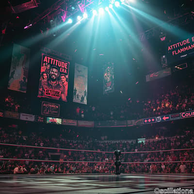 A vibrant wrestling arena filled with spectators, spotlighting a ring with a dramatic glow.