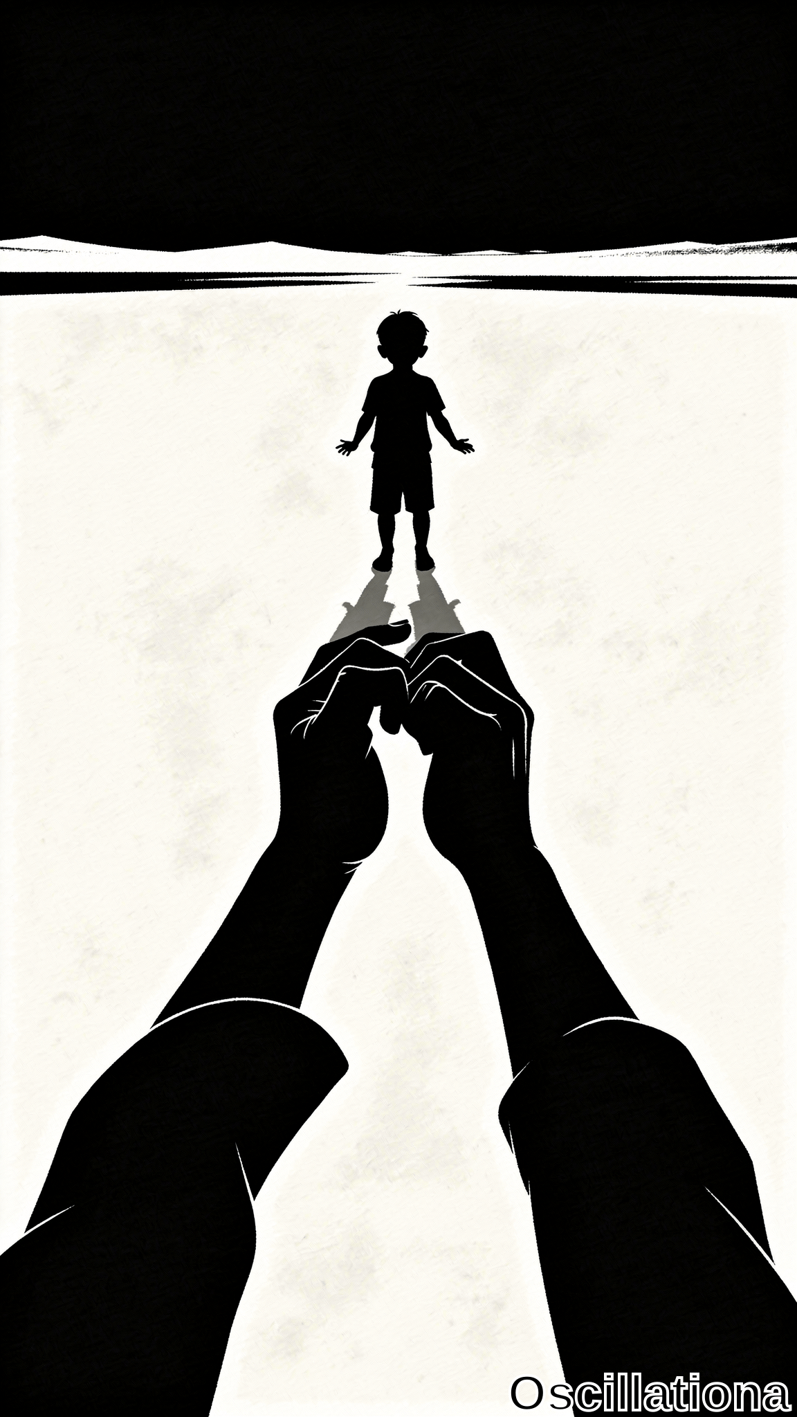 High-contrast black and white silhouette of two large hands reaching upward toward a small child figure standing under a bright halo-like light above a dark horizon line.