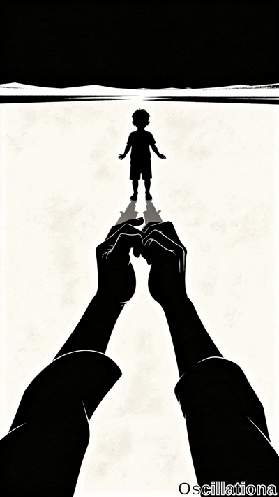 High-contrast black and white silhouette of two large hands reaching upward toward a small child figure standing under a bright halo-like light above a dark horizon line.