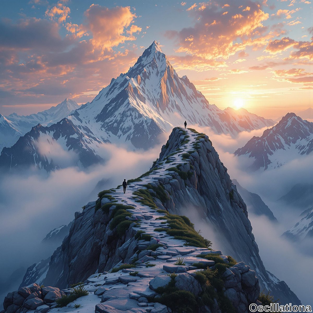 A dramatic mountain landscape at sunrise or sunset, featuring a towering, snow-capped peak with jagged edges against a sky of orange, pink, and blue hues.