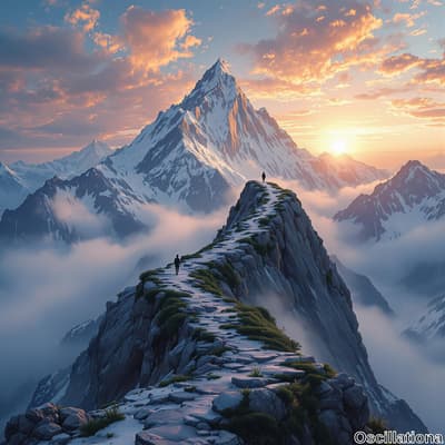 A dramatic mountain landscape at sunrise or sunset, featuring a towering, snow-capped peak with jagged edges against a sky of orange, pink, and blue hues.