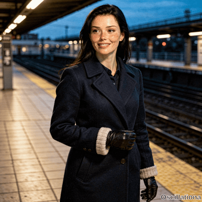 A striking red-haired freckled woman smiles confidently at the camera on an urban train platform at dusk in a navy overcoat with gray knitted cuffs creating cinematic contrast of warm lights and cool tones. 
.
