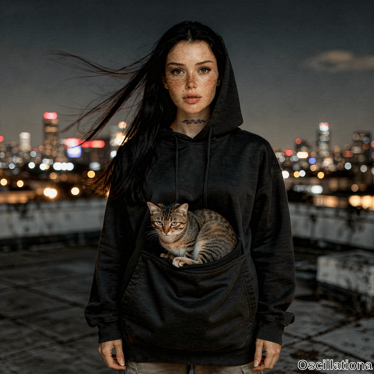 A freckled woman with wind-swept dark hair, wave tattoo on neck in black hoodie on rooftop with tabby cat in pocket gazes at viewer with neon city skyline. 
The cinematic moody lighting highlights her striking features and