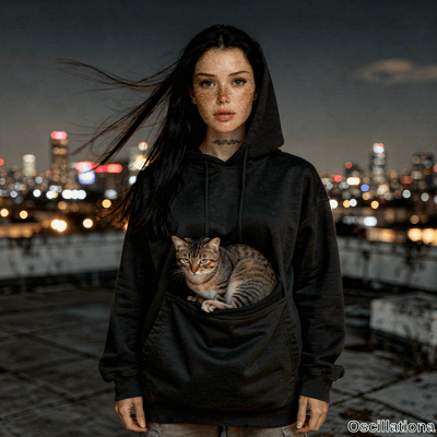 A freckled woman with wind-swept dark hair, wave tattoo on neck in black hoodie on rooftop with tabby cat in pocket gazes at viewer with neon city skyline. 
The cinematic moody lighting highlights her striking features and