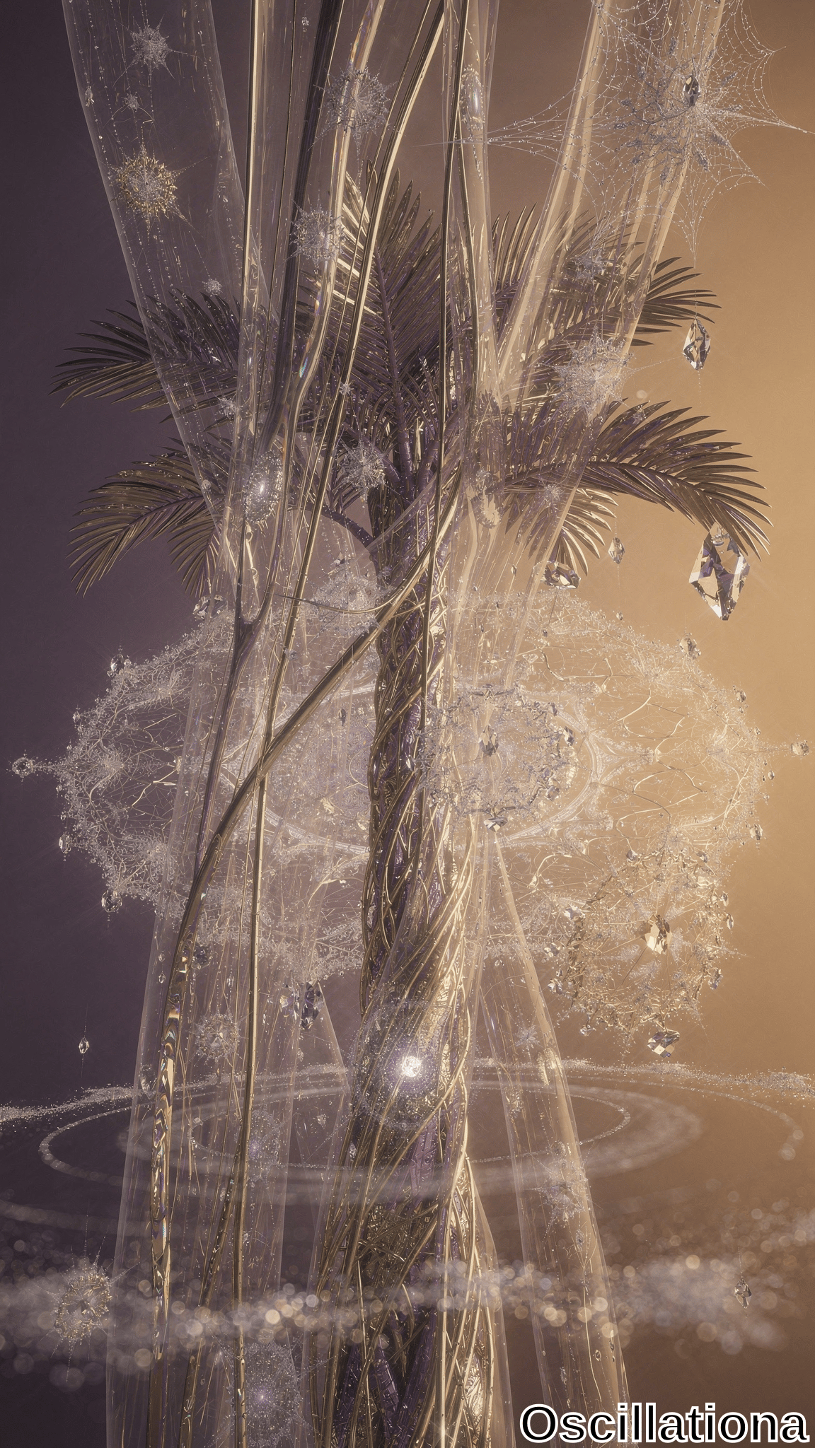An abstract, surreal scene centers on a palm tree with its trunk encased in a golden, vine-like metallic structure, contrasting with dark fronds