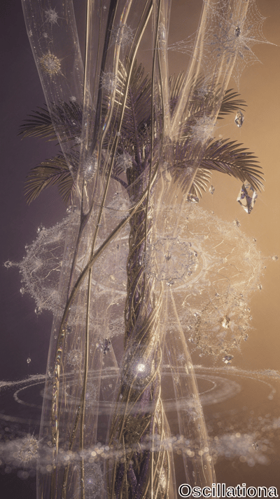 An abstract, surreal scene centers on a palm tree with its trunk encased in a golden, vine-like metallic structure, contrasting with dark fronds